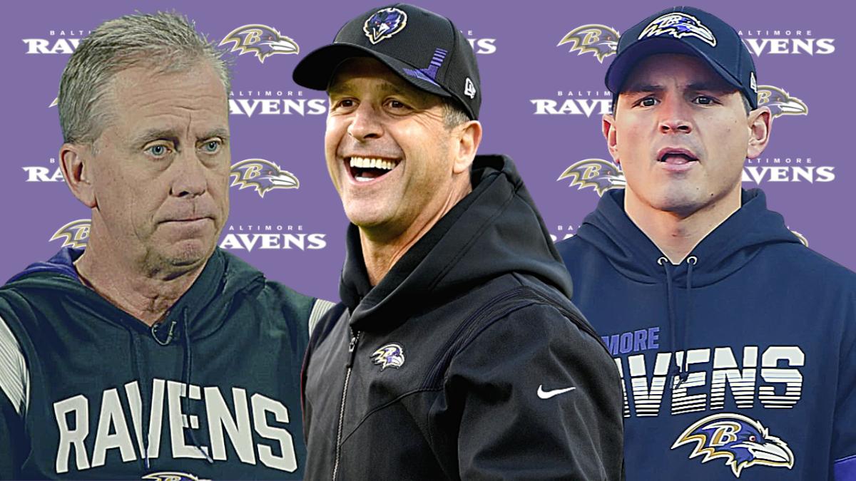 Head coach John Harbaugh (middle), offensive coordinator Todd Monken (left) and defensive coordinator Mike Macdonald (right)